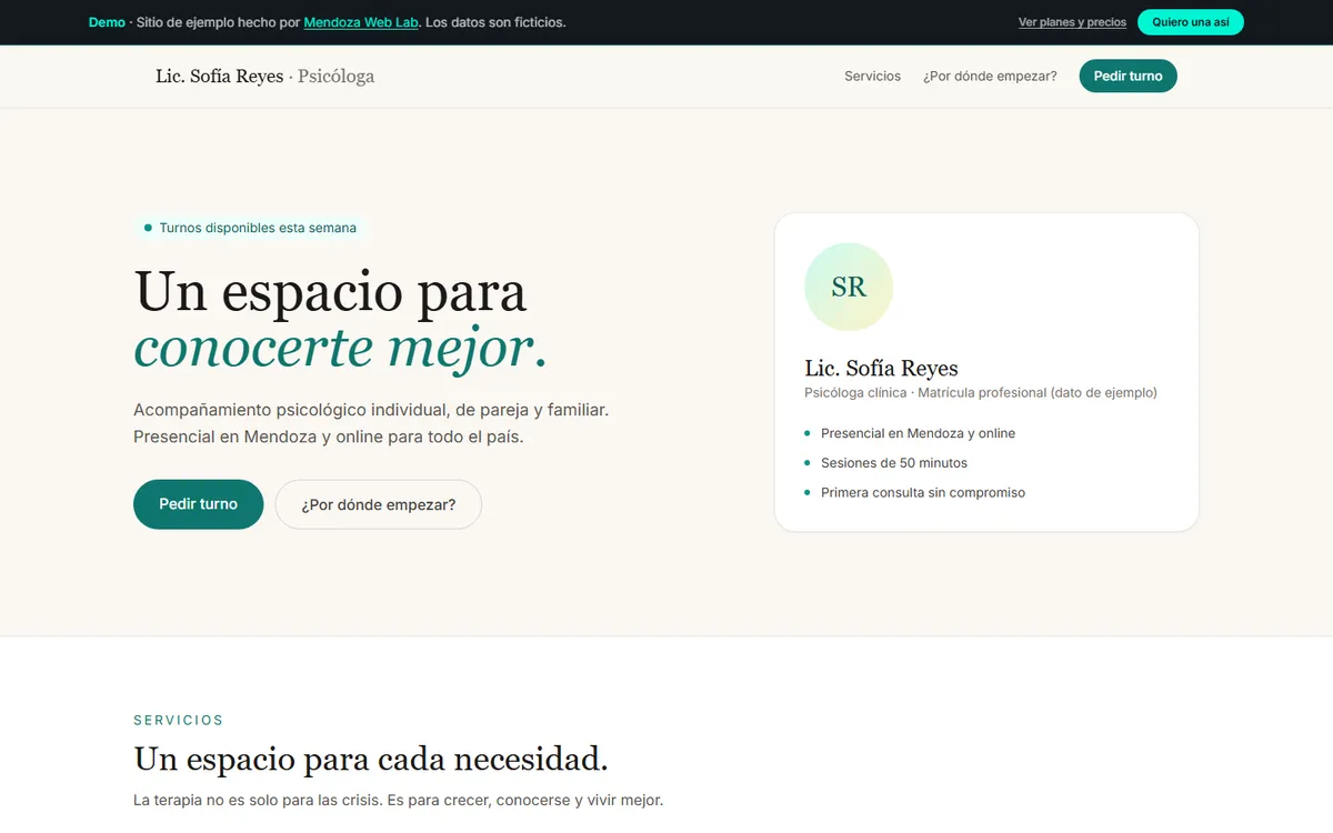 Captura de la web demo de una psicóloga en Mendoza